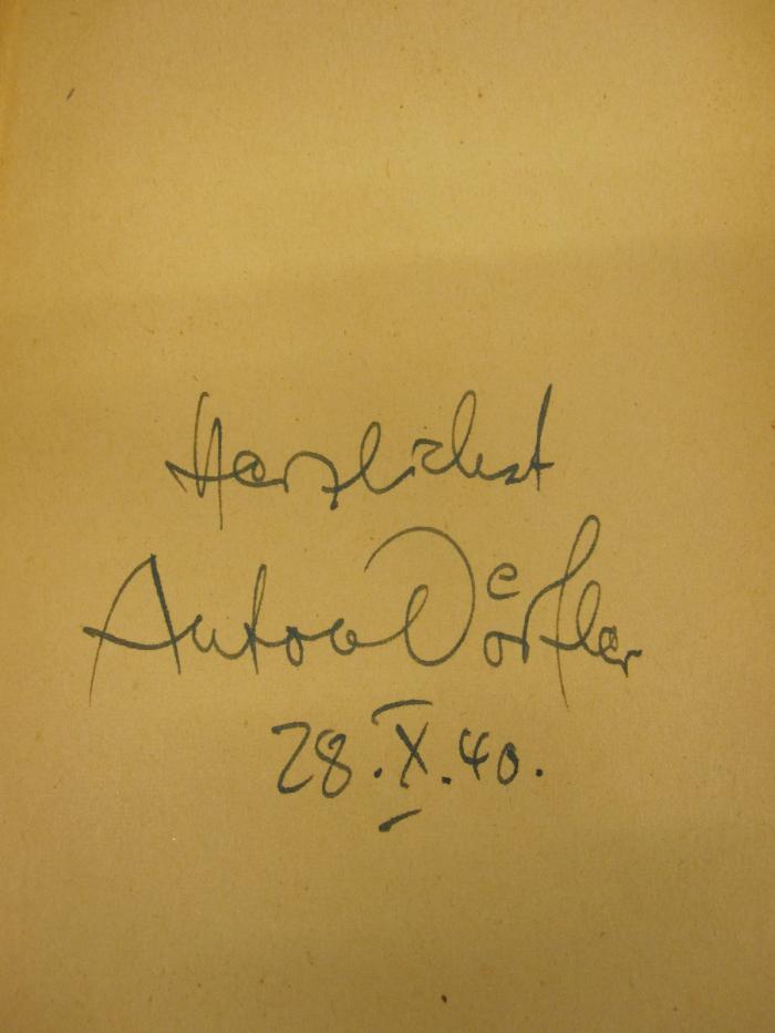  Sieben Spiegel der Liebe. Erzählungen.;- (Dörfler, Anton), Von Hand: Name, Datum, Widmung; 'Herzlichst // Anton Dörfler // 28.X.40.'. 