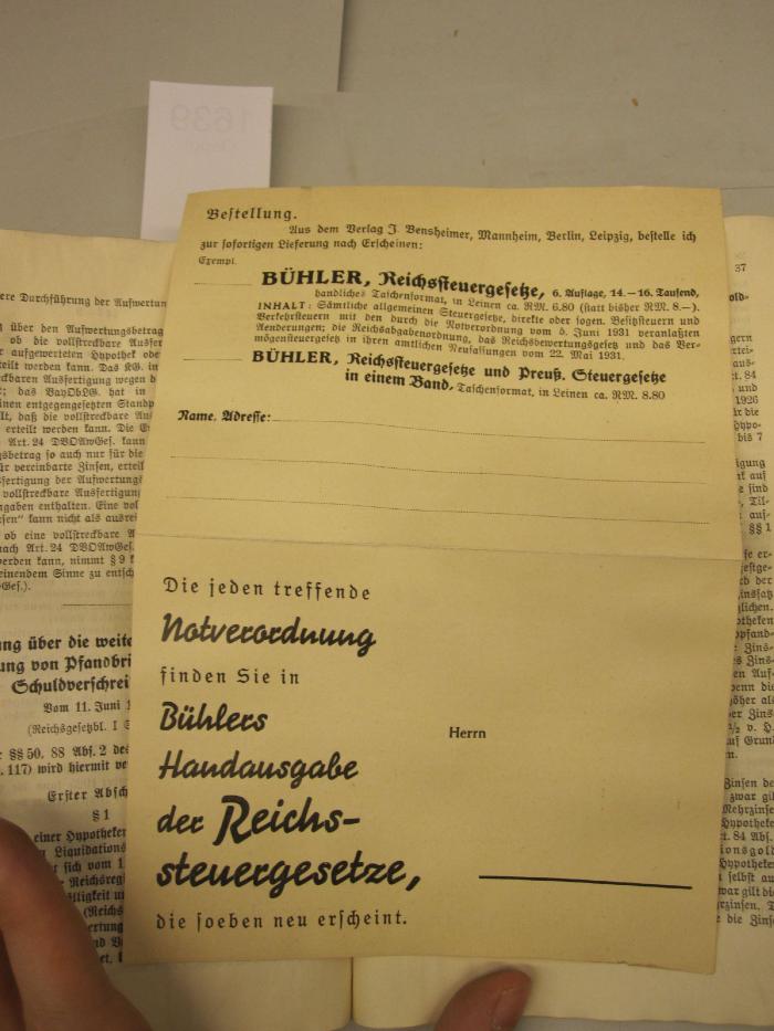  Die neuen Aufwertungsgesetze : Gesetz über die Bereinigung der Grundbücher : Gesetz über die Fälligkeit und Verzinsung der Aufwertungshypotheken ; /inkl. Ergänzungsband (1930);-, Papier: Notiz