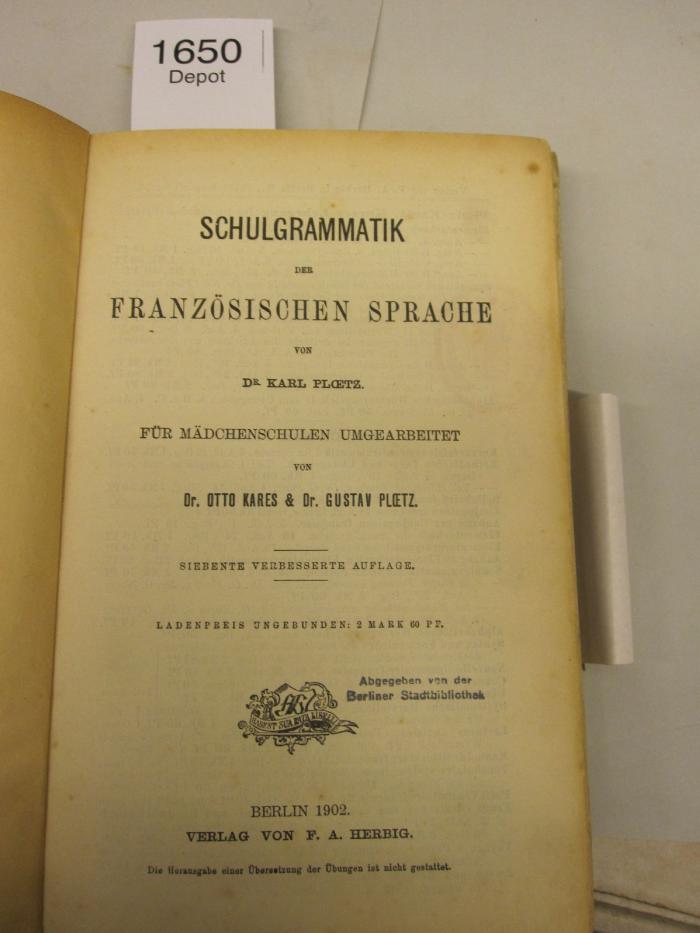  Schulgrammatik der Französischen Sprache (1902)
