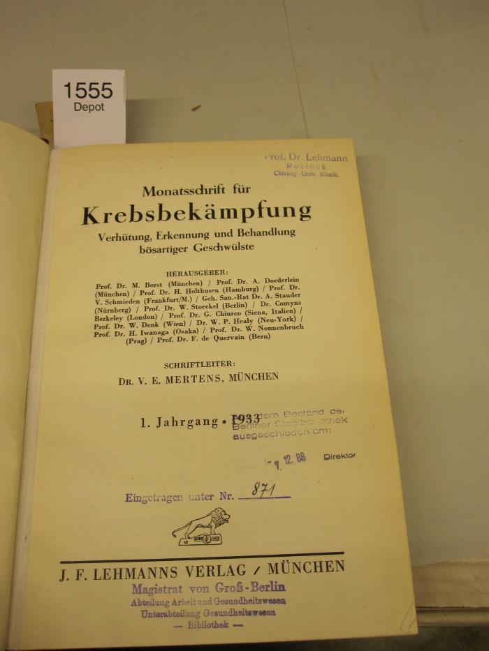  Monatsschrift für Krebsbekämpfung : Verhütung, Erkennung und Behaldung bösartiger Geschwülste (1933)