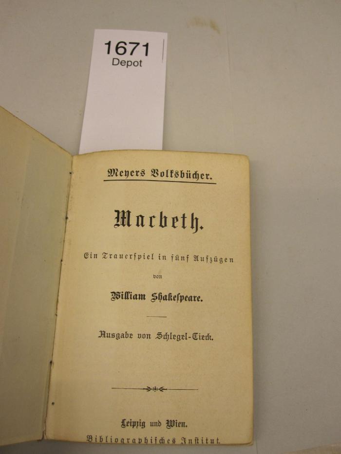  Macbeth : Ein Trauerspiel in fünf Aufzügen von William Shakespeare. Ausgabe von Schlegel-Tieck (o.J.)