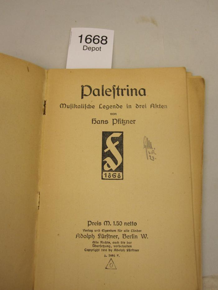  Palestrina. Musikalische Legende in drei Akten. (1916)