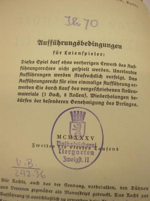  Das Südender Weihnachtsspiel.;- (VB Tiergarten), Von Hand: Signatur; 'Jh 70'. ;- (VB Tiergarten), Von Hand: Datum; 'V.B. / 292.36'. ;- (VB Tiergarten), Stempel: Name, Ortsangabe, Wappen; 'Volksbücherei Tiergarten Zweigst. II'. 