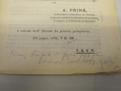  De l'esprit du gouvernement démocratique : essai de science politique (1905);- (Falkenhayn, [?]), Von Hand: Preis, Notiz; 'Prins, Freiheit in sozialen Pflichten. Liebmann - Berlin 1897. 2,75M.'. 