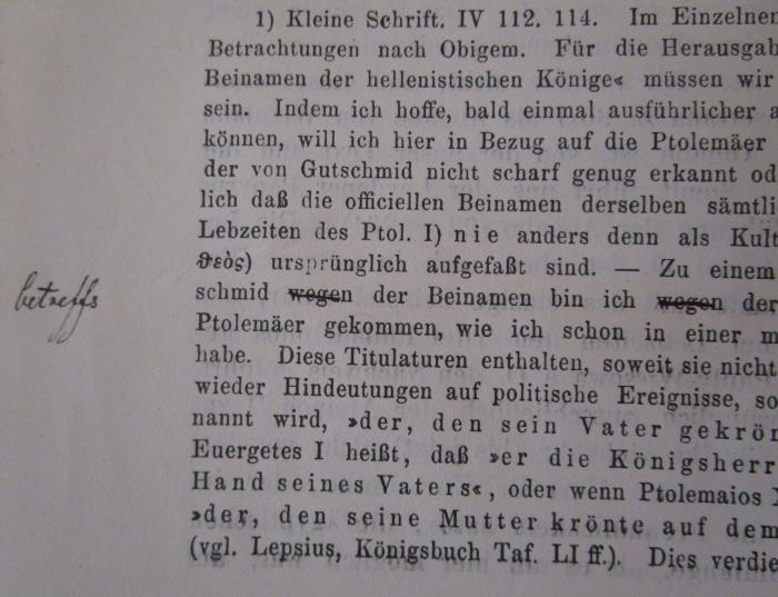  Mahaffy, John P., The Flinders Petrie Papyri [Besprechung aus den Göttingischen gelehrten Anzeigen Nr. 2, 1895] (1895);- (unbekannt), Von Hand: Annotation; 'betreffs'. 