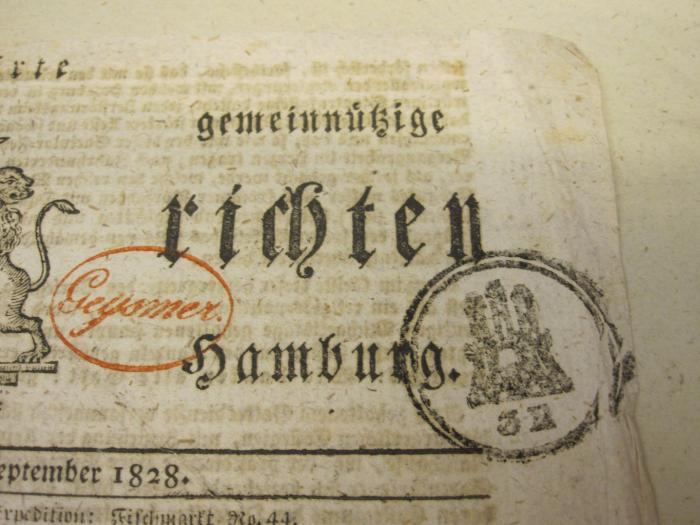  Programm zur dritten Serularfeyer der bürgerschaftlichen Verfassung Hamburgs am 29sten September 1828 (1828);- (unbekannt), Stempel: Wappen, Nummer; '32'. 