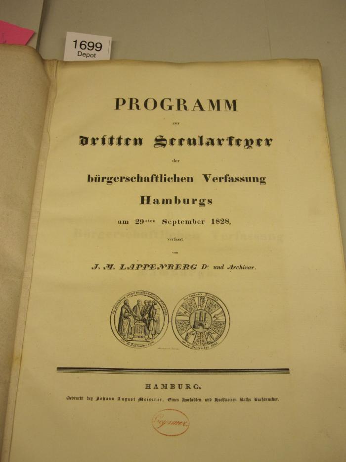  Programm zur dritten Serularfeyer der bürgerschaftlichen Verfassung Hamburgs am 29sten September 1828 (1828)