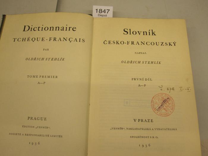 1.1 331 9: Slovník česko-francouzský = Dictionnaire Tchèque-Francais ; A-P (1936)
