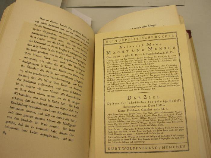  Nationalismus (1918);-, Papier: -; 'Kulturpolitische Bücher

Heinrich Mann
Macht und Mensch
(...)

Das Ziel
Drittes der Jahrbücher für geistige Politik
(...)

Kurt Wolff Verlag/ München'