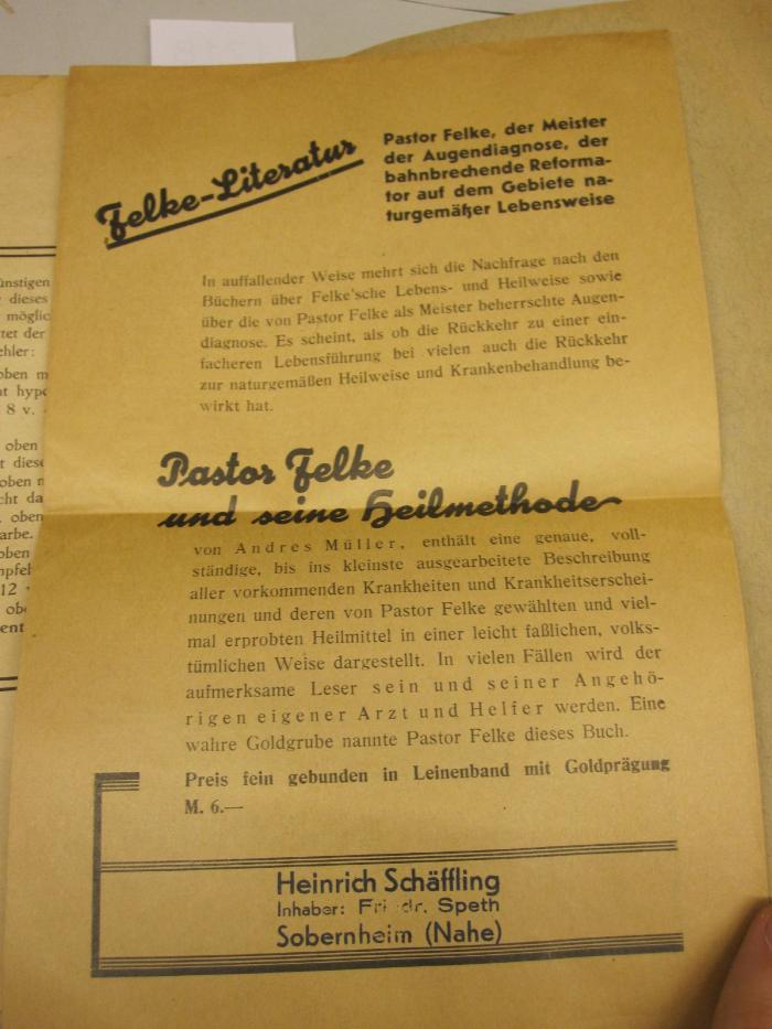  Jungborn und Felke (o.J.);- (unbekannt), Papier: Lesezeichen. ;- (Schäffling, Heinrich), Stempel: Buchhändler, Name, Ortsangabe; 'Heinrich Schäfferling Inhaber: Friedr. Speth Sobernheim (Nahe)'. 