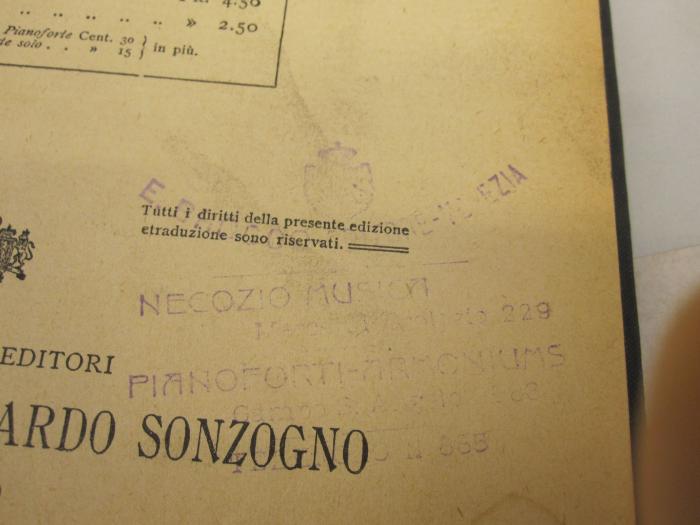  Parsifal : Dramma Mistico in Tre Atti (o.J.);- (Brocco, E. (Musikalienhandlung)), Stempel: Name, Ortsangabe, Buchhändler, Nummer; 'E. Brocco[...] Venezia [...] Negozio Musica [...] No. 229 Pianoforti-Armoniums [...] 855'. 