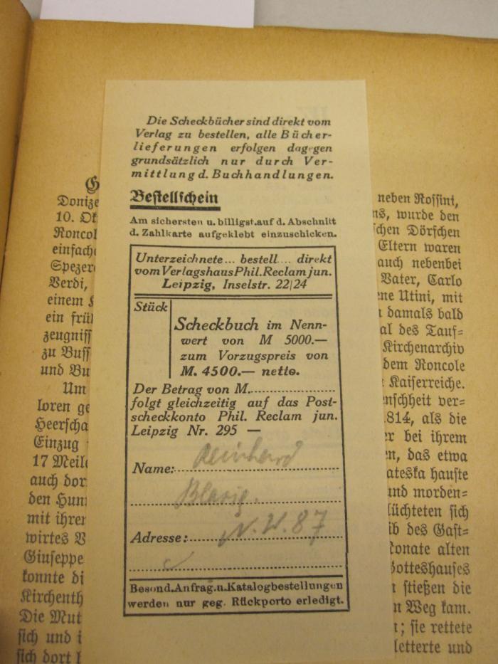  Amelia oder Ein Maskenball : Oper in fünf Aufzügen (o.J.);- (Blasig, Richard), Von Hand: Autogramm; 'Richard Blasig. N. W. 87'. 