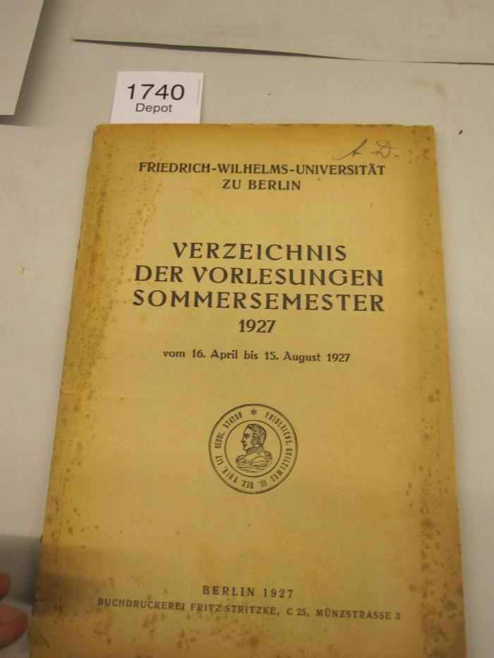  Verzeichnis der Vorlesungen Sommersemester 1927. (1927)