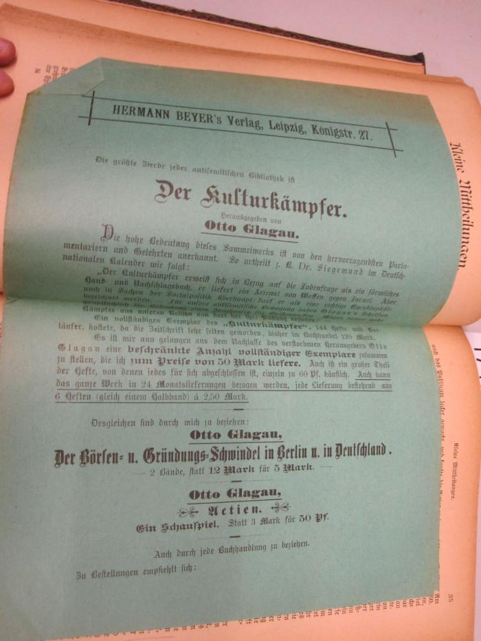  Der Kulturkämpfer : Zeitschrift für öffentliche Angelegenheiten (1885);- (unbekannt), Papier: -. 
