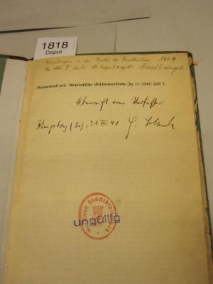  Die Kirchenbücher der evangelsich-augsburgischen Gemeinden des Regierungsbezirks Zichenau und des Kreises Sudauen (Suwalki) (1941);- (Blank, Heinrich), Von Hand: Ortsangabe, Name, Datum, Widmung, Besitzwechsel; 'Überreicht vom Verfasser Königsberg (Pr), 31.VIII. 41 H. Blank'. ;- (Reichsstelle für Sippenforschung (Berlin)), Von Hand: Signatur, Notiz; 'Eingetragen in der Kartei der Handbücherei Abt. III. der Abt. III unter No Gstpr. 9 a u. b'. 