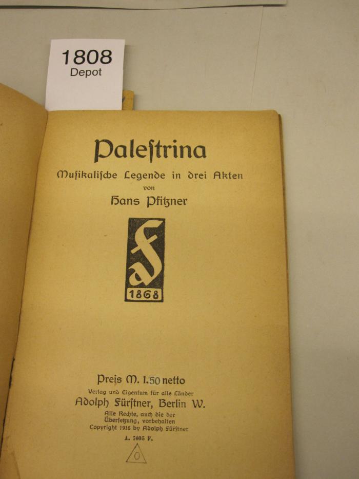 IV 15612: Palestrina : Musikalische Legende in drei Akten (1916)