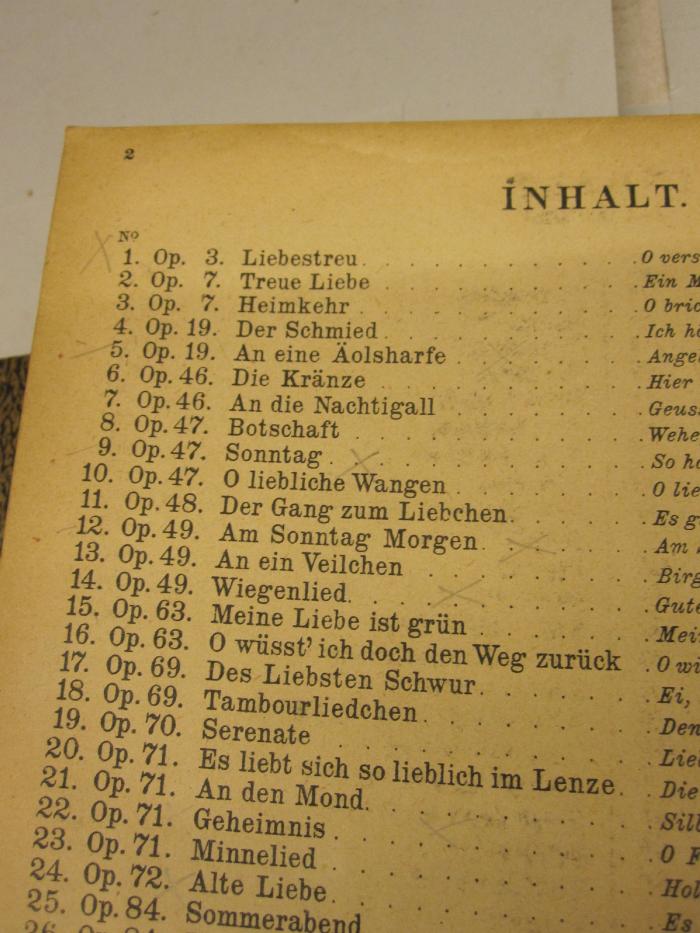  Brahms-Album : Ausgewählte Lieder für eine Singstimme mit Klavierbegleitung (o.J.);- (unbekannt), Von Hand: Annotation. 