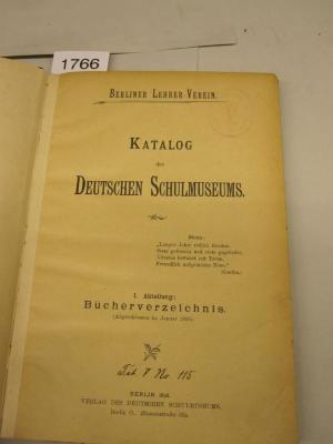  Katalog des deutschen Schulmuseums : Abtheilung I: Bücherverzeichnis (1896)