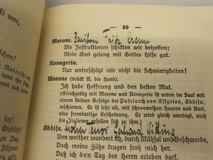  Palestrina : Musikalische Legende in drei Akten (1916);- (unbekannt), Von Hand: Annotation; 'Bariton Fritz Krenn 
hoher Tenor Gerhard Witting '. 