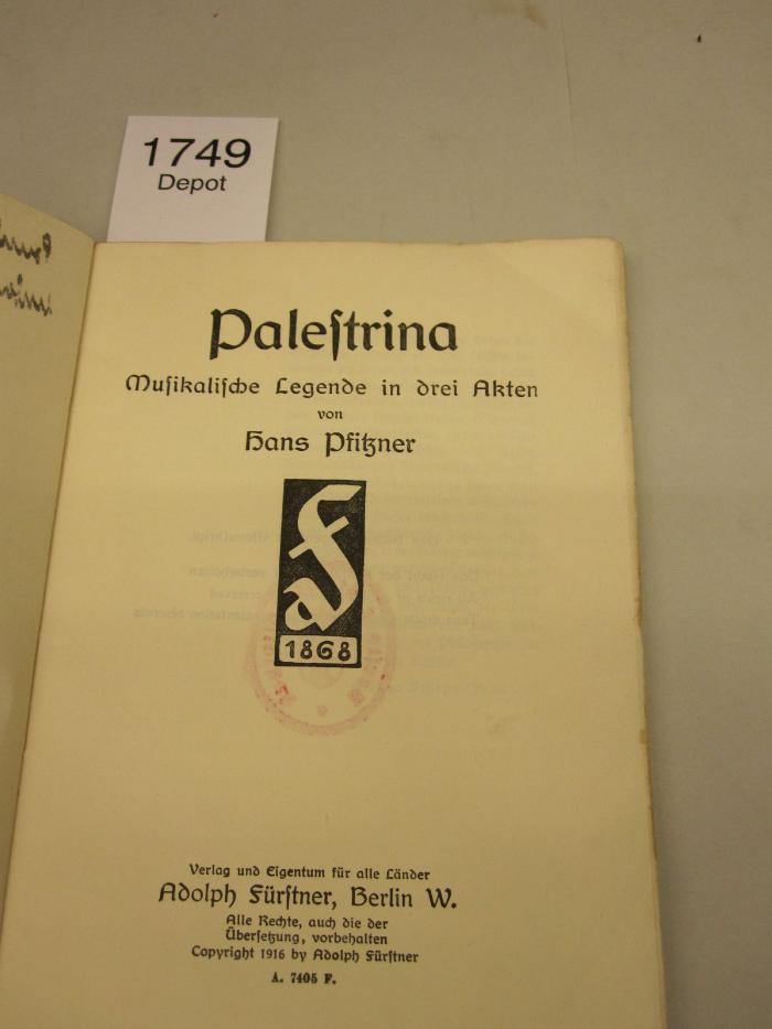  Palestrina : Musikalische Legende in drei Akten (1916)
