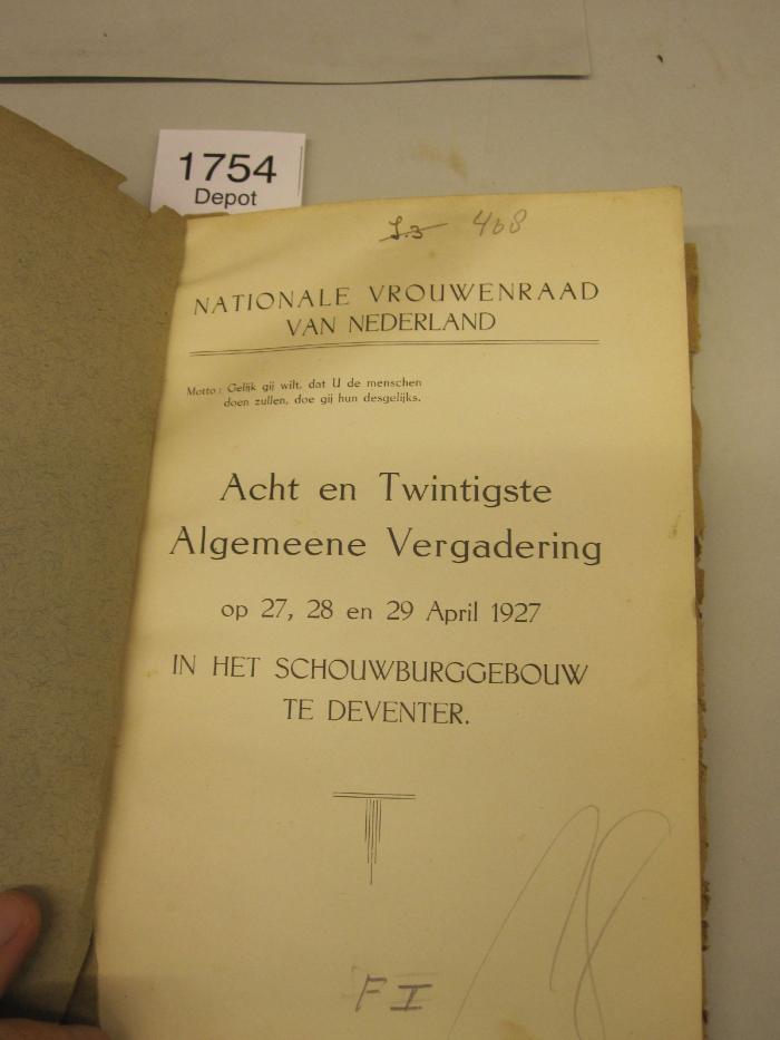  Acht en Twintigste Algemeene Vergadering op 27, 28 en 29 April 1927 in Het Schouwburggebouw te Deventer (1927)