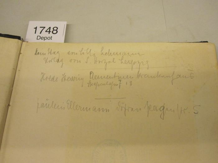  Brahms-Album : Ausgewählte Lieder für eine Singstimme mit Klavierbegleitung (o.J.);- (Lehmann, Lilli;Ellermann, [?];Stewig[?], Hilde), Von Hand: Name, Ortsangabe, Notiz; 'Mein Weg von Lilli Lehmann 
Verlag von F. Hirzel Leipzig / Hilde Stewig Clementinen Krankenhaus Straßenbahn 7+8 / Fräulein Ellermann Döhrenhagenstr. 5'. 