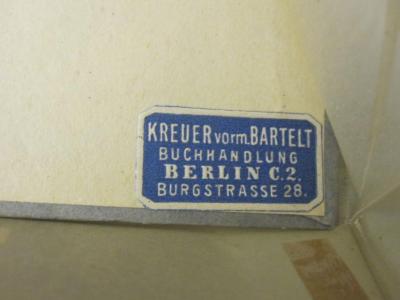  Strindberg (o.J.);- (Kreuer, [?] (Buchhandlung)), Etikett: Buchhändler, Name, Ortsangabe; 'Kreuer vorm. Bartelt Buchhandlung Berlin C.2. Burgstrasse 28.'. 
