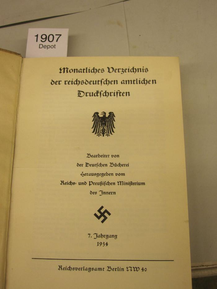  Monatliches Verzeichnis der reichsdeutschen amtlichen Druckschriften (1934)