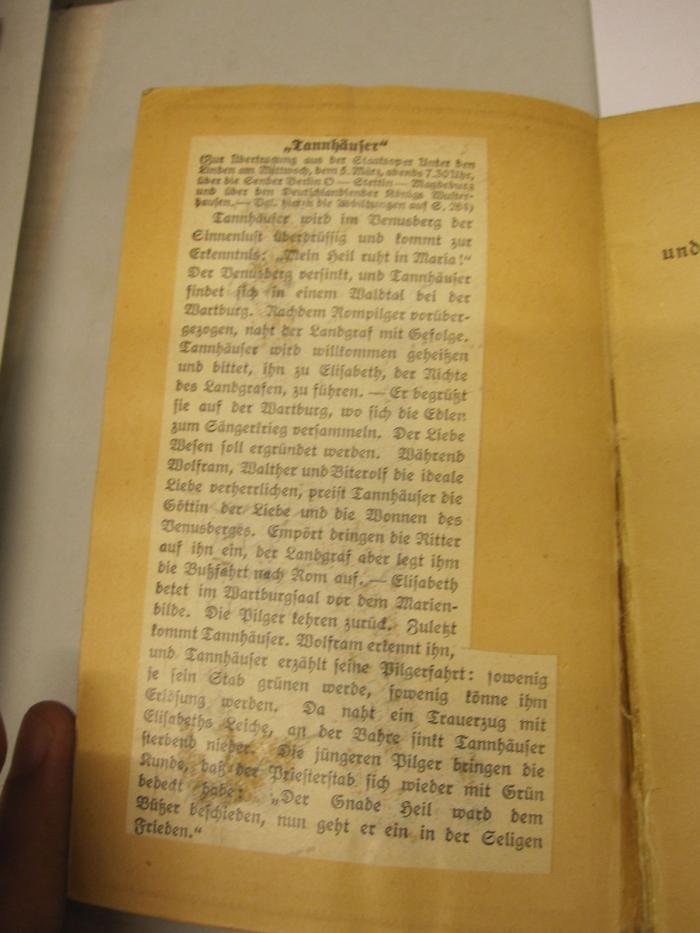  Tannhäuser und der Sängerkrieg auf Wartburg. Romantische Oper in drei Aufzügen. Vollständiges Buch;-, Papier: Notiz; 'Tannhäuser (Zur Übertragung aus der Staatsoper Unter den Linden am Mittwoch, dem 5. März, abends 7.30 Uhr, [...]'