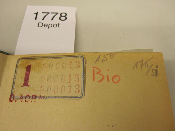  Strindberg (o.J.);- (unbekannt), Etikett: Signatur; '1'. ;- (unbekannt), Von Hand: Signatur; '1'. ;- (unbekannt), Stempel: Nummer; '900013'. ;- (unbekannt), Stempel: Preis; '0.40RM'. ;- (unbekannt), Von Hand: Notiz; 'Bio'. ;- (unbekannt), Von Hand: Nummer; '175/51'. ;- (unbekannt), Von Hand: Preis; '1,50'. 