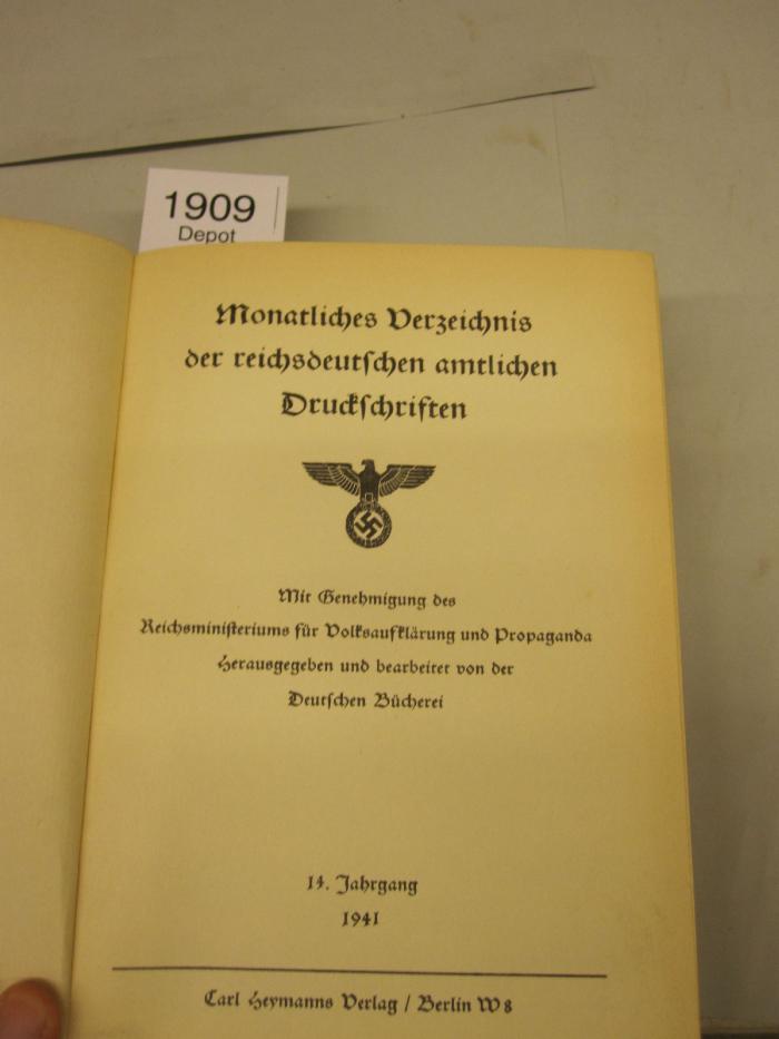  Monatliches Verzeichnis der reichsdeutschen amtlichen Druckschriften (1941)