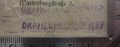 - (B., Herbert), Stempel: Ortsangabe; 'Oranienburger st. 57'.  (Prototyp)