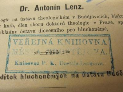  Upomínka na ktakomby Rimské. Na pocest jubilea (1876);- (Verejná Knihovna Mesta (Prostějov)), Stempel: Name, Ortsangabe; 'Verejná Knihovna Mêsta Prostêjova. Knihovna P.K. Dortála-Latinova'.  (Prototyp)