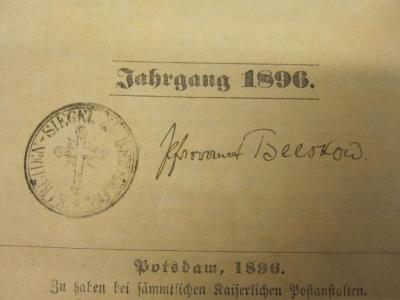  Amtsblatt der Königlichen Regierung zu Potsdam und der Stadt Berlin (1896);- (Jaeger, Erich Reinhard), Von Hand: Berufsangabe/Titel/Branche, Ortsangabe; 'Pfarramt Beeskow'. 