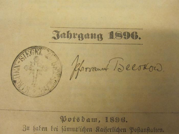  Amtsblatt der Königlichen Regierung zu Potsdam und der Stadt Berlin (1896);- (Jaeger, Erich Reinhard), Von Hand: Berufsangabe/Titel/Branche, Ortsangabe; 'Pfarramt Beeskow'. 