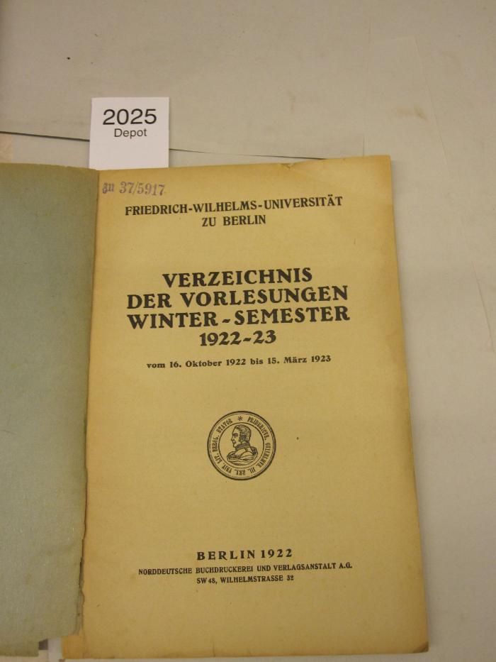  Verzeichnis der Vorlesungen Winter-Semester 1922-23 vom 16. Oktober 1922 bis 15. März 1923 (1922)