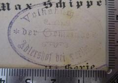 - (Volksbücherei der Gemeinde Adlershof bei Berlin), Stempel: Berufsangabe/Titel/Branche, Ortsangabe; 'Volksbücherei der Gemeinde Adlershof bei Berlin'.  (Prototyp)