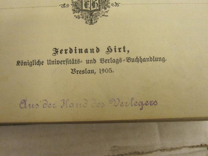 II 151 4. Ex: S. v. Seydlitzsche Geographie : Ausgabe C: Großes Lehrbuch der Geographie (1905);47 / 2684 (Hirt, Ferdinand), Stempel: Besitzwechsel; 'Aus der Hand des Verlegers'.  (Prototyp)