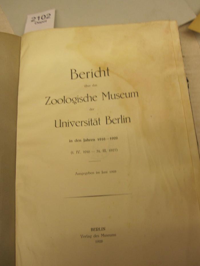 Kg 135 1916-26: Bericht über das Zoologische Museum der Universität Berlin (1928)