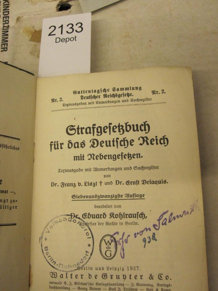  Strafgesetzbuch für das Deutsche Reich mit Nebengesetzen (1927)