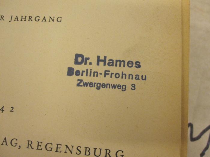  Neues Mozart-Jahrbuch (1942);45 / 20363 (Hames, H.), Stempel: Name, Ortsangabe; 'Dr. Hames
Berlin-Frohnau
Zwergenweg 3'. 