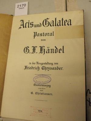  Aris und Galatea (1914);- (Stahl, Albert), Stempel: Name, Buchhändler; 'Albert Stahl [...]'. 