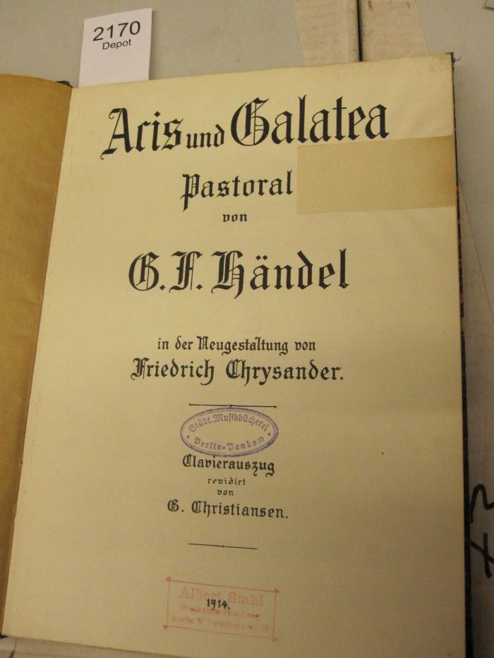  Aris und Galatea (1914);- (Stahl, Albert), Stempel: Name, Buchhändler; 'Albert Stahl [...]'. 