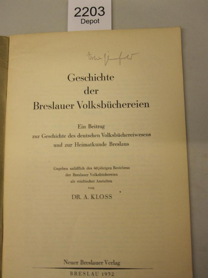  Geschichte der Breslauer Volksbüchereien (1932)