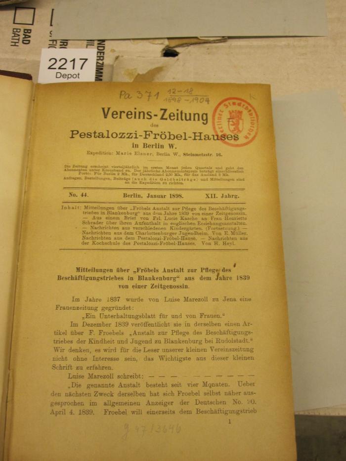 Pa 371: Vereins-Zeitung des Pestalozzi-Fröbel-Hauses in Berlin W. (1898-1904)