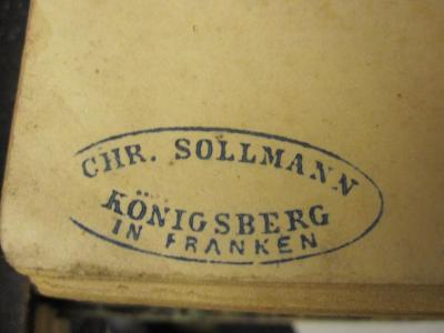 I 6300: Allgemeine Zeitung des Judenthums : ein unparteiisches Organ für das jüdische Interesse (Berlin);- (Sollmann, Chr. (Buchhandlung)), Stempel: Name, Ortsangabe, Buchhändler; 'Chr. Sollmann Königsberg in Franken'. 