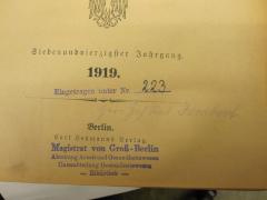 - (Magistrat von Großberlin), Stempel: Name, Berufsangabe/Titel/Branche, Ortsangabe; 'Magistrat von Grpß-Berlin
Abteilung Arbeit und Gesundheitswesen
Unterabteilung Gesundheitswesen
- Bibliothek -'.  (Prototyp)