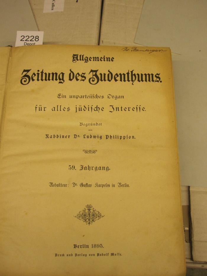 I 6300: Allgemeine Zeitung des Judenthums : ein unparteiisches Organ für das jüdische Interesse (Berlin)