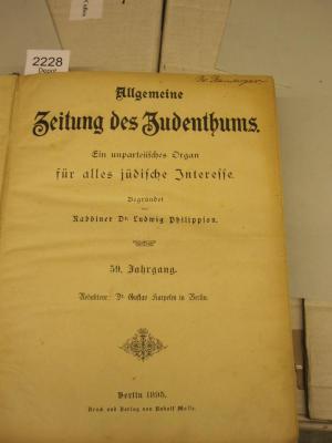 I 6300: Allgemeine Zeitung des Judenthums : ein unparteiisches Organ für das jüdische Interesse (Berlin)