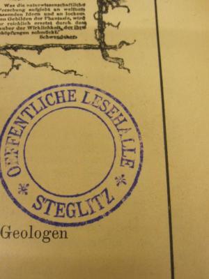  Naturwissenschaftliche Wochenschrift (1896);61 / 11990 (Stadtbücherei (Berlin-Steglitz)), Stempel: Name, Ortsangabe; 'Oeffentliche Lesehalle Steglitz'.  (Prototyp)